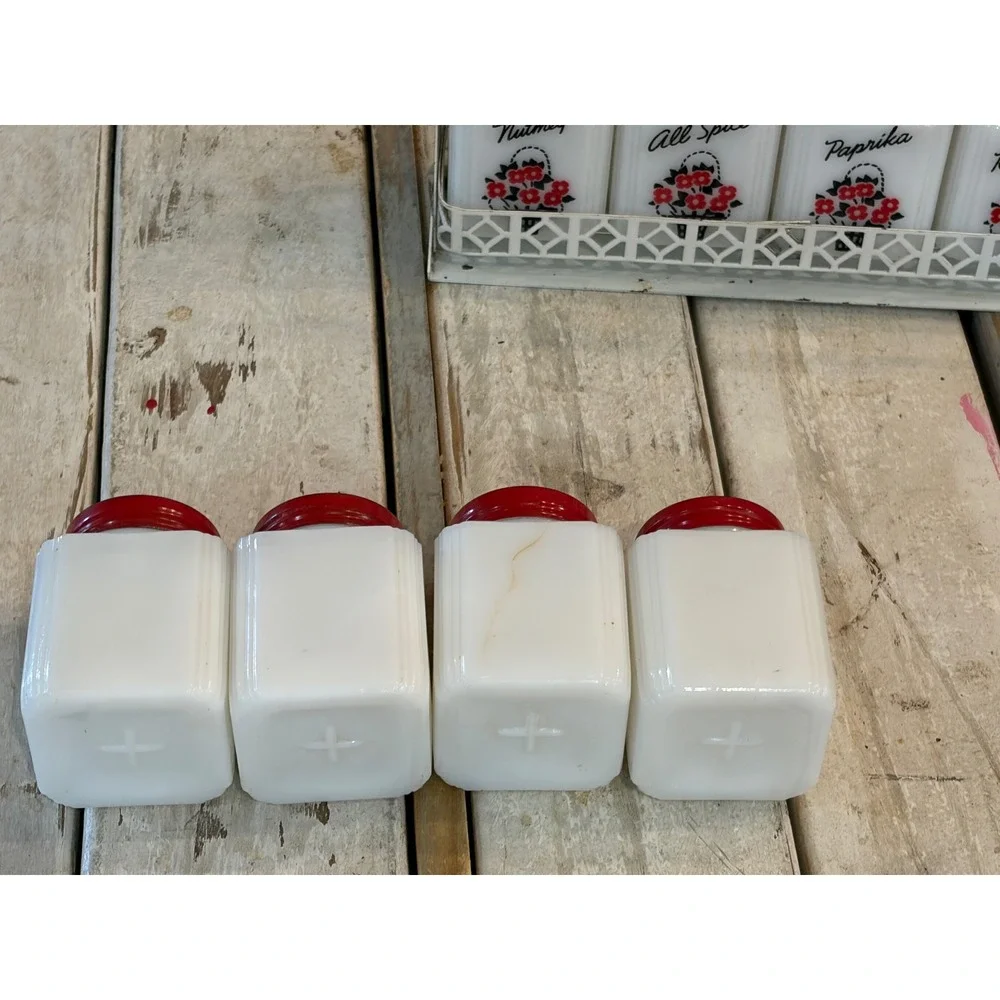 Vintage TIPP USA Milk Glass Spice Jar Set 8pc Red Lids Floral Basket Rack